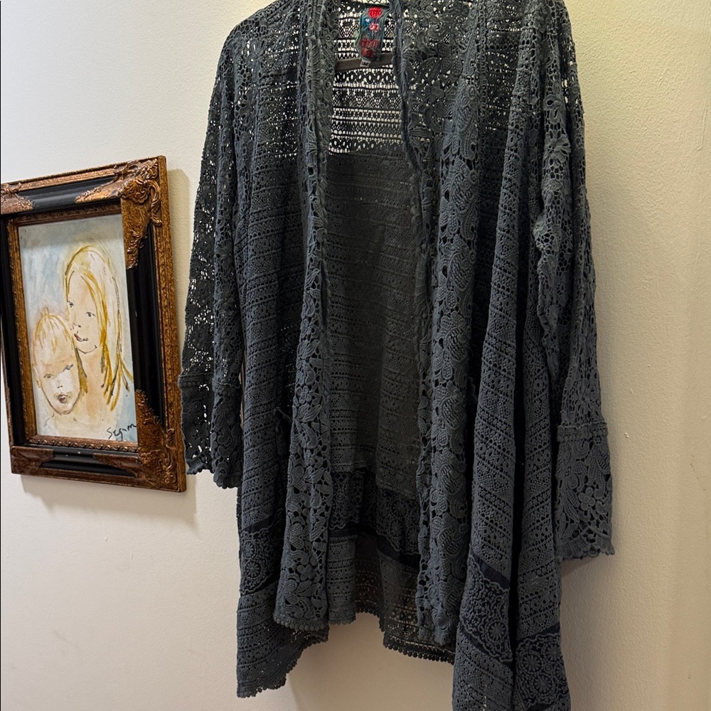 Johnny Was green gray Lace Cardigan duster Medium